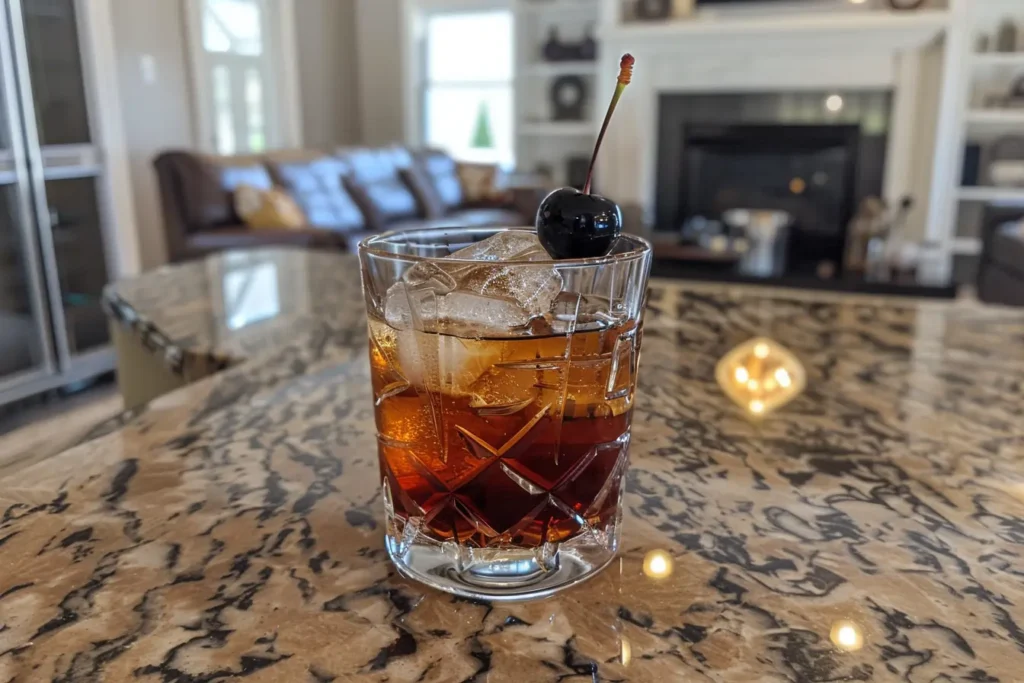 Close-up of a Black Manhattan cocktail in an elegant bar setting