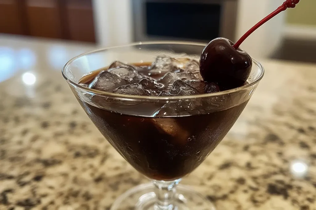 Beautifully garnished Black Manhattan cocktail ready to serve