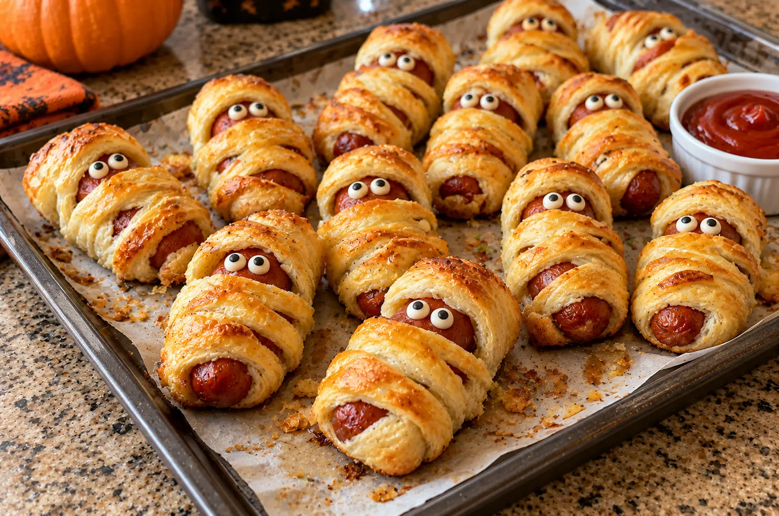 PUFF PASTRY MUMMY PIGS IN A BLANKET FOR HALLOWEEN