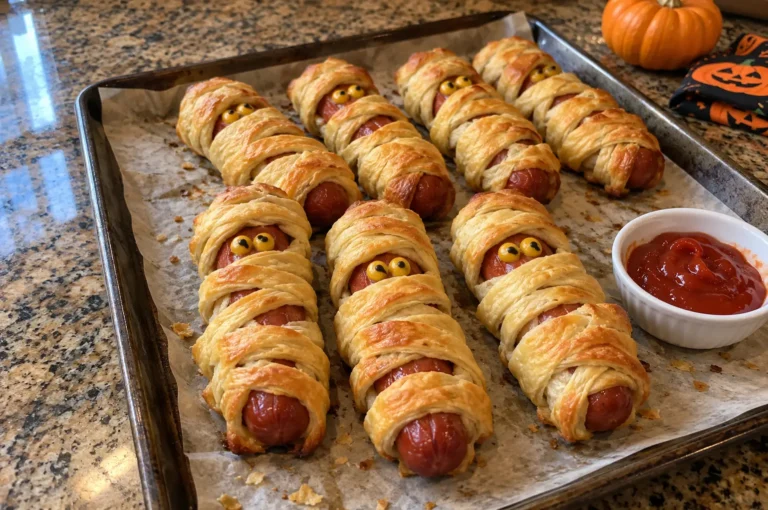 CRESCENT ROLL MUMMY HOT DOGS FOR HALLOWEEN PARTIES