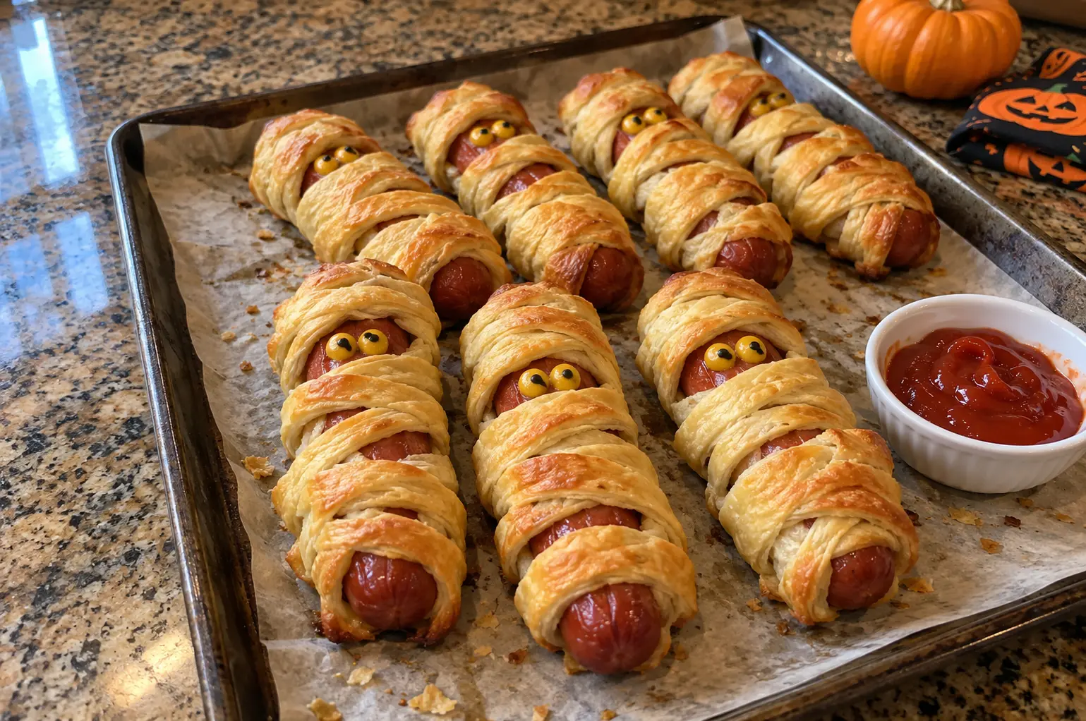 CRESCENT ROLL MUMMY HOT DOGS FOR HALLOWEEN PARTIES